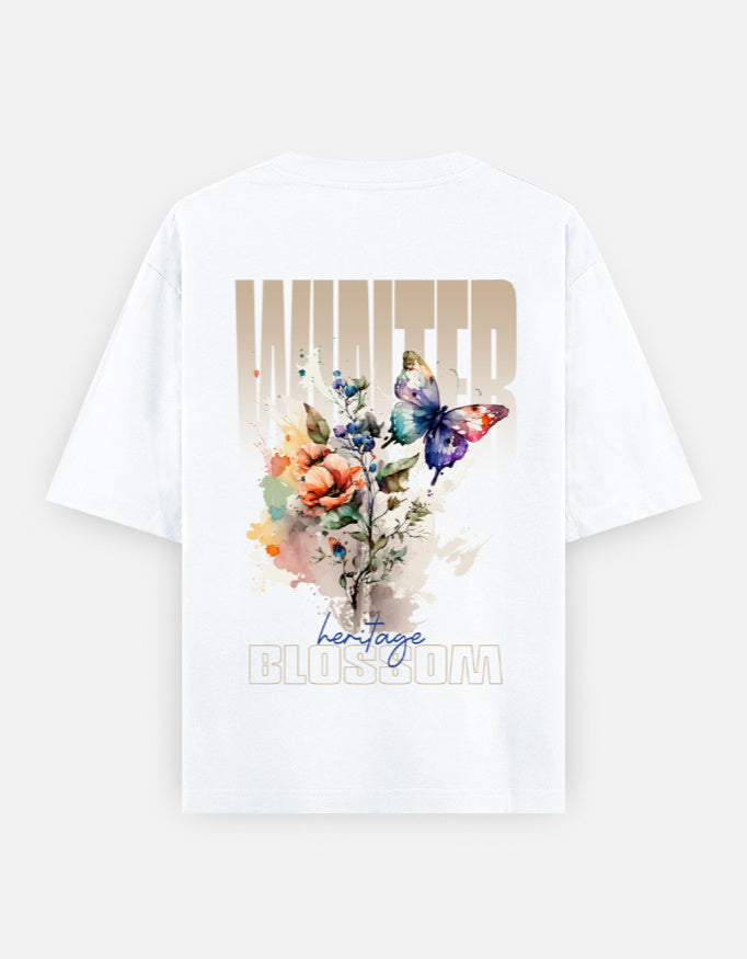 Winter Blossom Tee White Back – Bold Flower & Butterfly Print