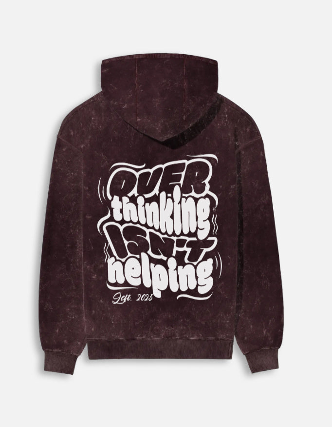Quiet Chaos Hoodie Maroon Back – Overthinking Isn’t Helping Print