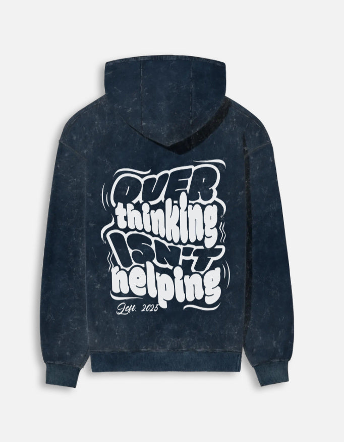Quiet Chaos Hoodie Navy Blue Back – Overthinking Isn’t Helping Print
