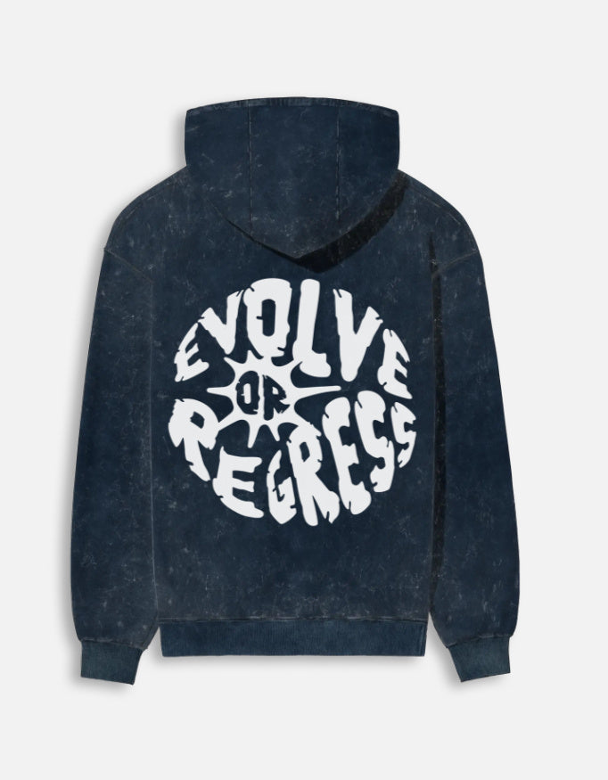 Daily Chaos Hoodie Navy Blue Back – Evolve or Regress Bold Back Print