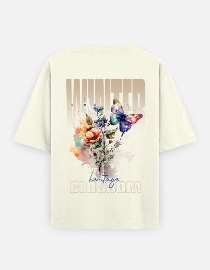Winter Blossom Tee Off White Back – Bold Flower & Butterfly Print