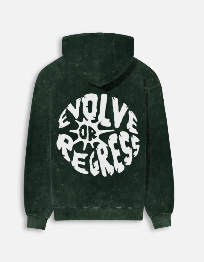 Daily Chaos Hoodie Bottle Green Back – Evolve or Regress Bold Back Print