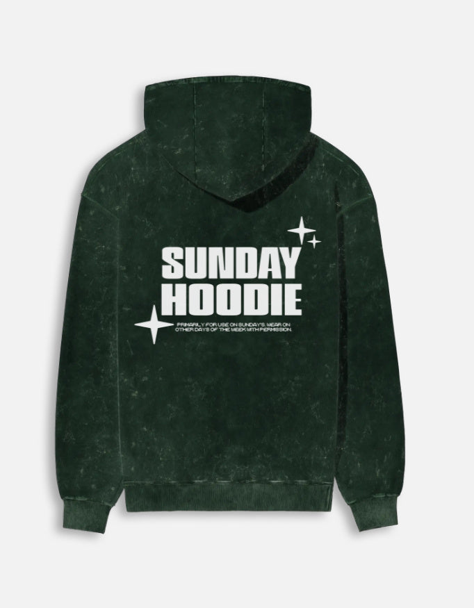 Sunday Hoodie Bottle Green Back – Sunday Hoodie Bold Back Print