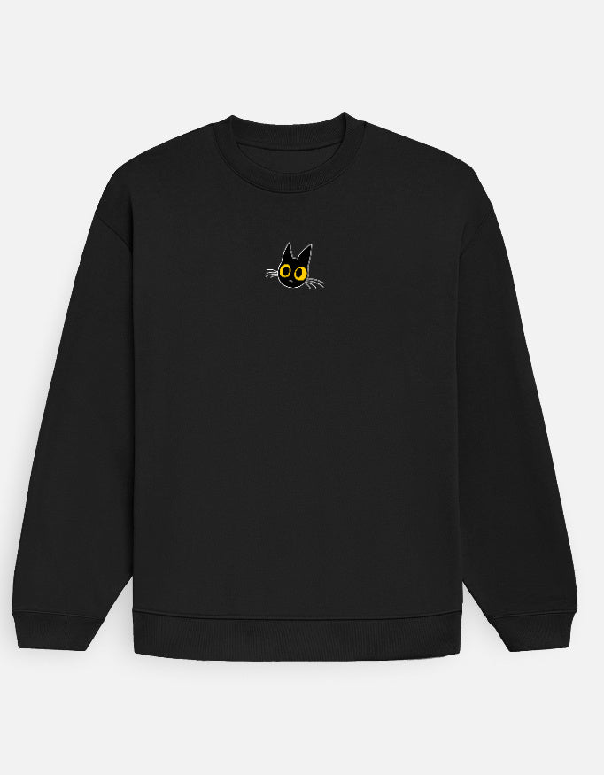 Truly Shaken Sweatshirt Black Front – Embroidered Shocked Cat Face